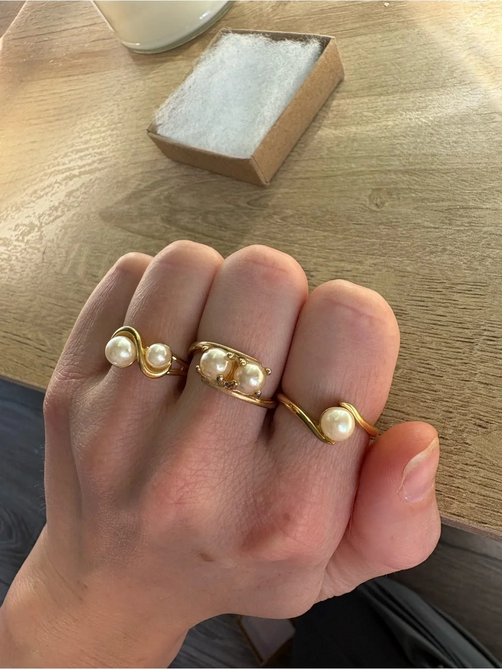 Set of 3 Gold Pearl Accent Rings - Women Jewelry